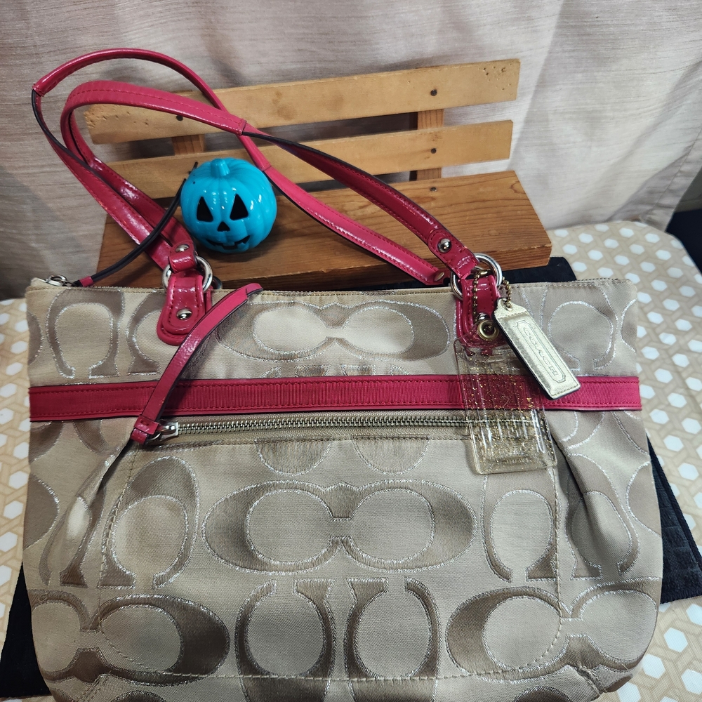 Coach Tan and Pink Signature Shoulder Bag